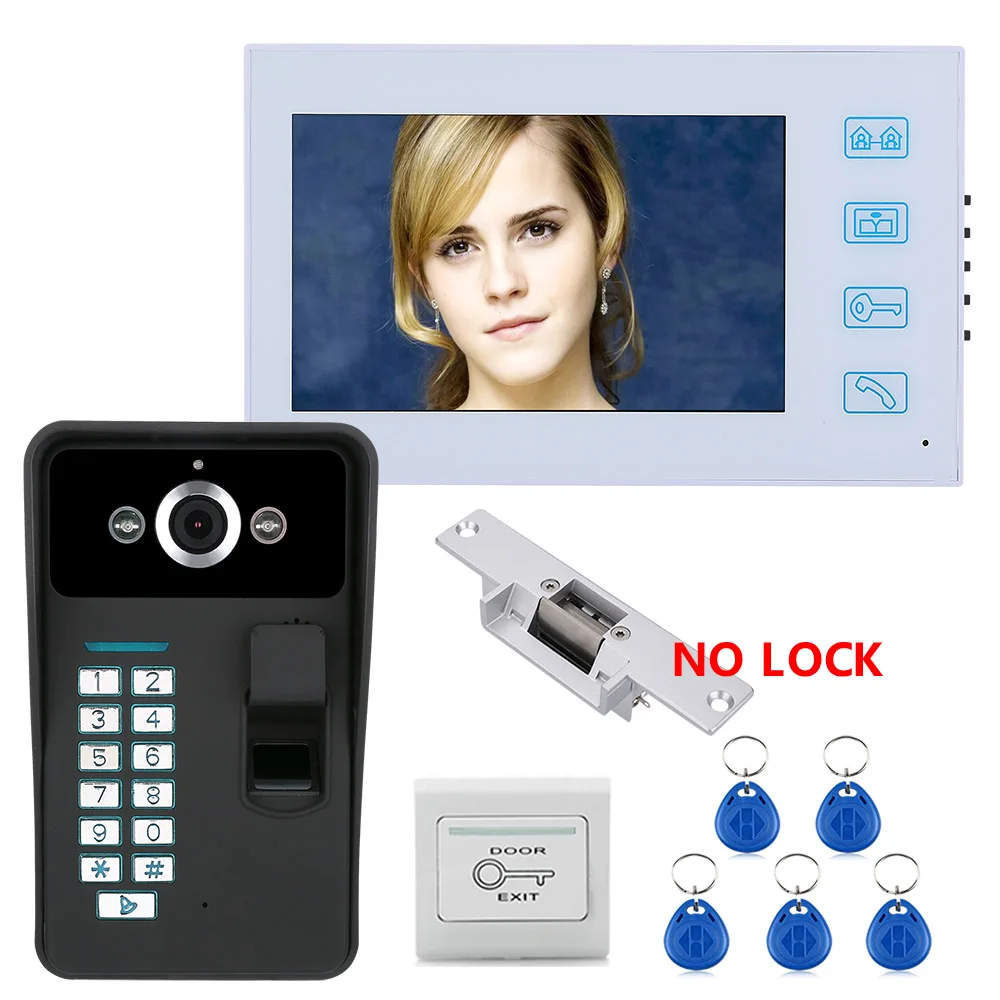 7\ TFT Fingerprint Recognition RFID Password Video Door Phone Intercom Doorbell With With NO-Electric Strike Door Lock