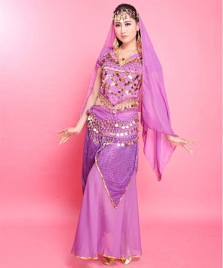 

Skirt for Bellydancing 4PCS Bollywood Dance Costumes Belly Dance Dress for Women Bellydance Skirt Top+Pants+Belt+Veil for head