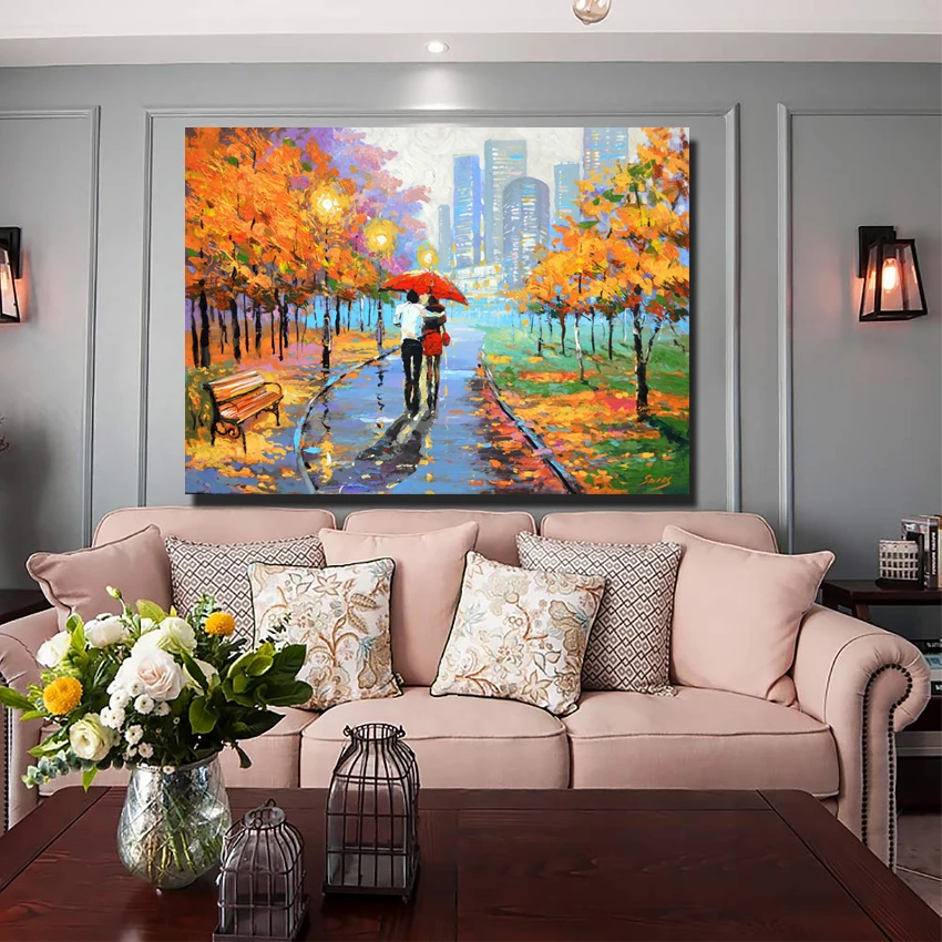 

100% Hand-Painted Oil Paintings on Canvas Wall Art Romantic Rainy Night Modern Landscape Living Room Art Art Home Decorations