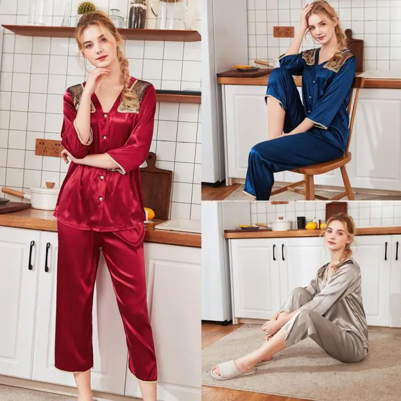 

Summer New Arrival Womens Silk Satin Pajama Pyjamas Sets Long Sleeve Sleepwear Set Two-pieces Big Size V-neck Breathable Pyjamas