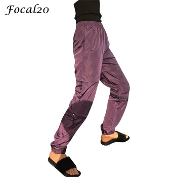 

Focal20 Streetwear Zipper Detachable Women Pants Elastic Waist Solid Color Pants Full Length Casual Loose Pants Trousers