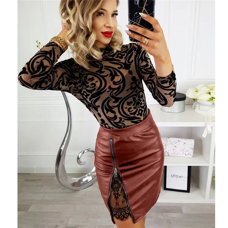 HITOM PRINCESS Women PU Leather Pencil Skirts Zipper Sexy High Waist Skirt Female Split Bodycon Short Mini Skirts Saias