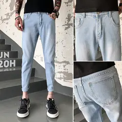 Новые джинсы мужские повседневные облегающие брюки карандаш с молнией Модные Джинсовые Брюки Большие размеры 28-36 мужские осенние длинные