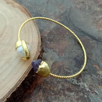 

B092606 White Keshi Pearl Purple Rough 24 K Yellow Golden Plated Bangle Bracelet