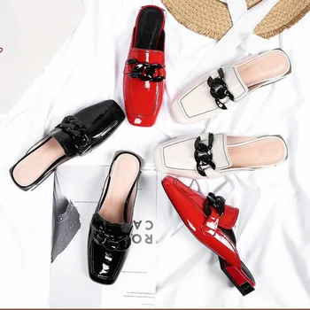 

MLJUESE 2019 women slippers Soft Cow leather Rome style Chains summer open toe red color beaches sandals party wedding size 42