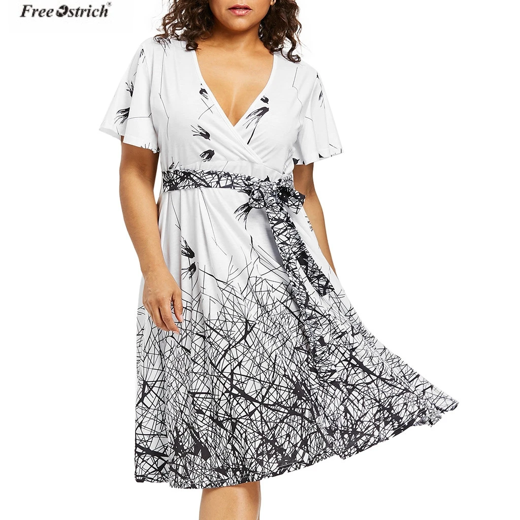 

FREE OSTRICH Clothes Women Plus Size 5XL V-Neck Bandage Dress Short Sleeve Print A-Line Dress straps summer dress vestidos