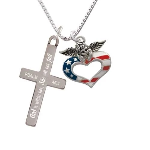 Patriotic Guardian Angel Heart - She will not Fall - Cross Necklace (1)