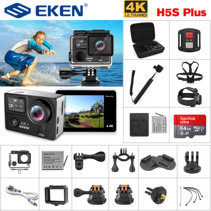 Экшен камера EKEN H5S Plus Ultra HD с сенсорным экраном Ambarella A12 EIS 4 k/30fps 720 p/200fps 30M