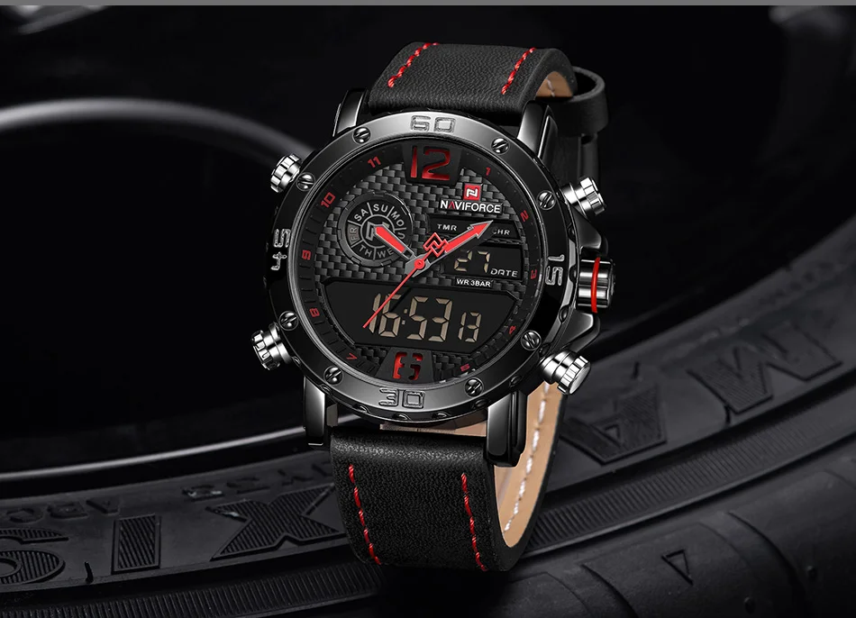NAVIFORCE для мужчин s часы с двойным дисплеем мужской кожаный спортивные часы кварцевые светодиодный цифровые часы водонепроница