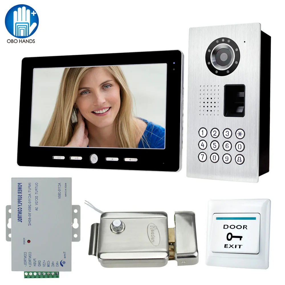 

10" Fingerprint Video Door Phone Intercom System Indoor Monitor+Outdoor Camera Unit+Power Supply+12V Electric Control Lock+Exit