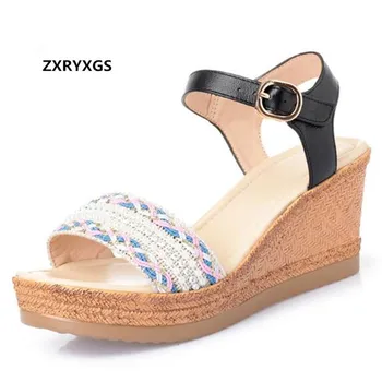 

Light Non-slip Platform Wedges Sandals Fashion Weaving and Cowhide Summer Leather Sandals 2019 High Heel Sandals Comfortable