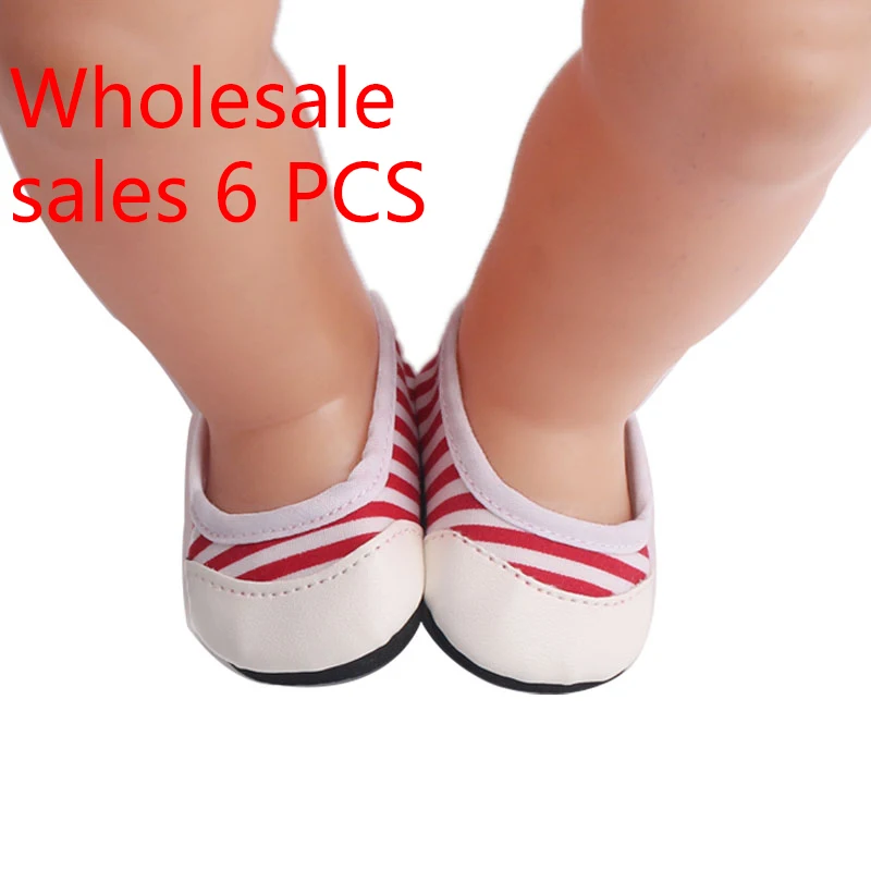 

Wholesale Doll shoes white PU casual shoes red stripe loafers toy accessories fit 43 cm baby dolls and 18 inch Girl doll g2