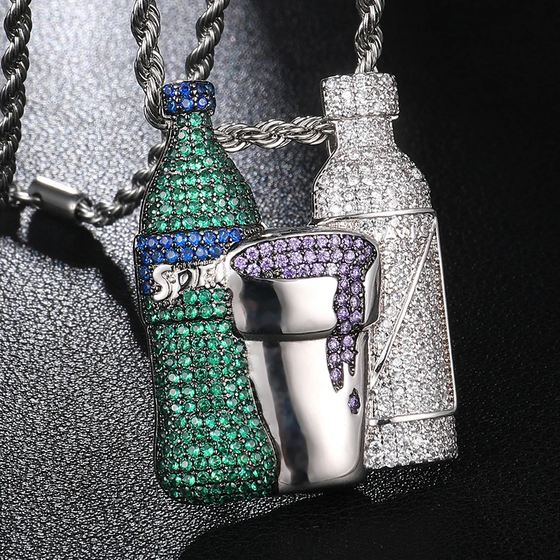 

Attractive Shiny CZ Sprite Drink Bottle Cup Necklace Men Silver Color Stainless Steel Hip Hop Jewelry For Rapper