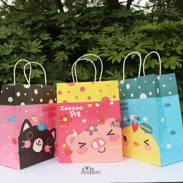 Avebien 10pcs 27x21x11cm Zoozoo Pig Cat En Kraft Gift Bags Birthday Decoration Paper