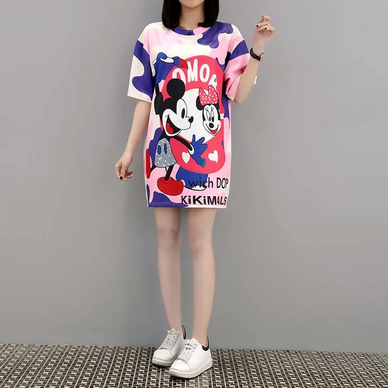 

2019 European Large-Size Cartoon Mickey Mouse Printed Round Neck and Short Sleeve 14 16 kids girls dress teenager dresses