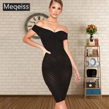 

2018 New Summer Off Shoulder Women Bandage Club Dress Vestidos Sexy Black Lace Hollow Out Slash Neck Celebrity Party Dress