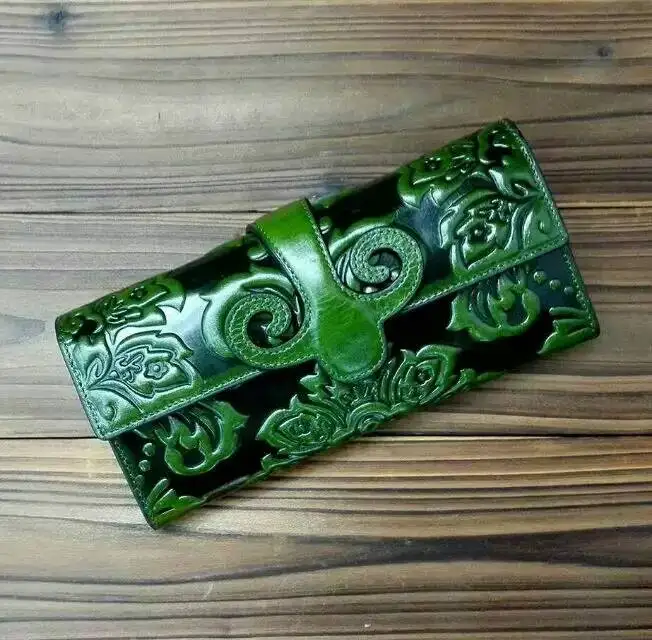 Кошелек из натуральной кожи в китайском стиле, винтажный кошелек с тисненым цветком, модный дневной клатч, сумка для мобильного телефона, Женский кошелек на застежке - Цвет: green