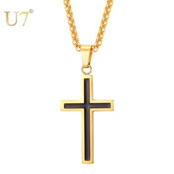U7 Cross Enamel Pendant Necklace Stainless Steel Black Gold Color For Men/Women Religious Christian Jewelry Christmas Gifts P581