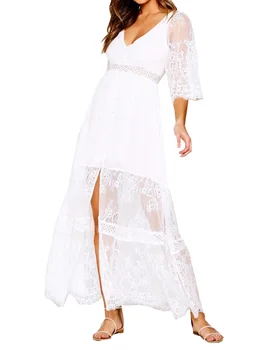 

REPHYLLIS Vintage Wedding Party Prom White Formal Dress V Neck 1/2 Flare Sleeve Split See Through Lace Backless Summer Dress