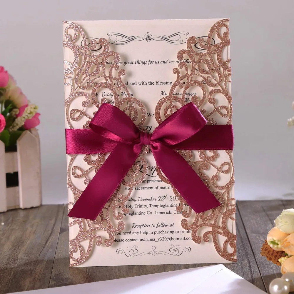 20pcs Rose Gold Glitter Laser Cut Wedding Invitation Cards With Burgundy Ribbon And Envelopes