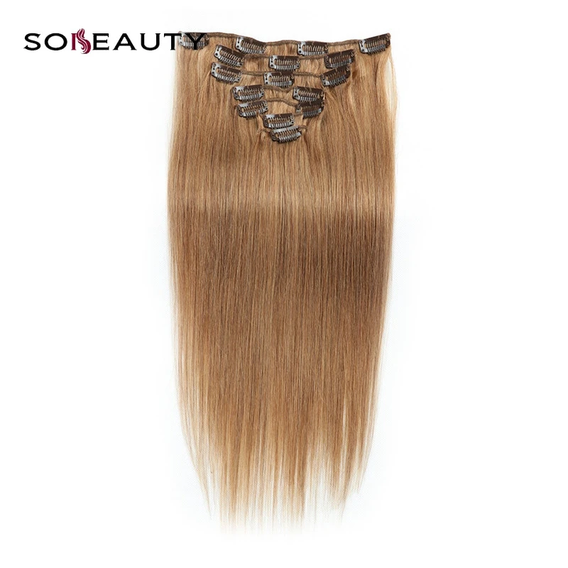 

Brazilian 100% human Straight Hair Clip In Hair Extensions No Tangle & Split 120g/Set 7 Piece extensions light brown hair
