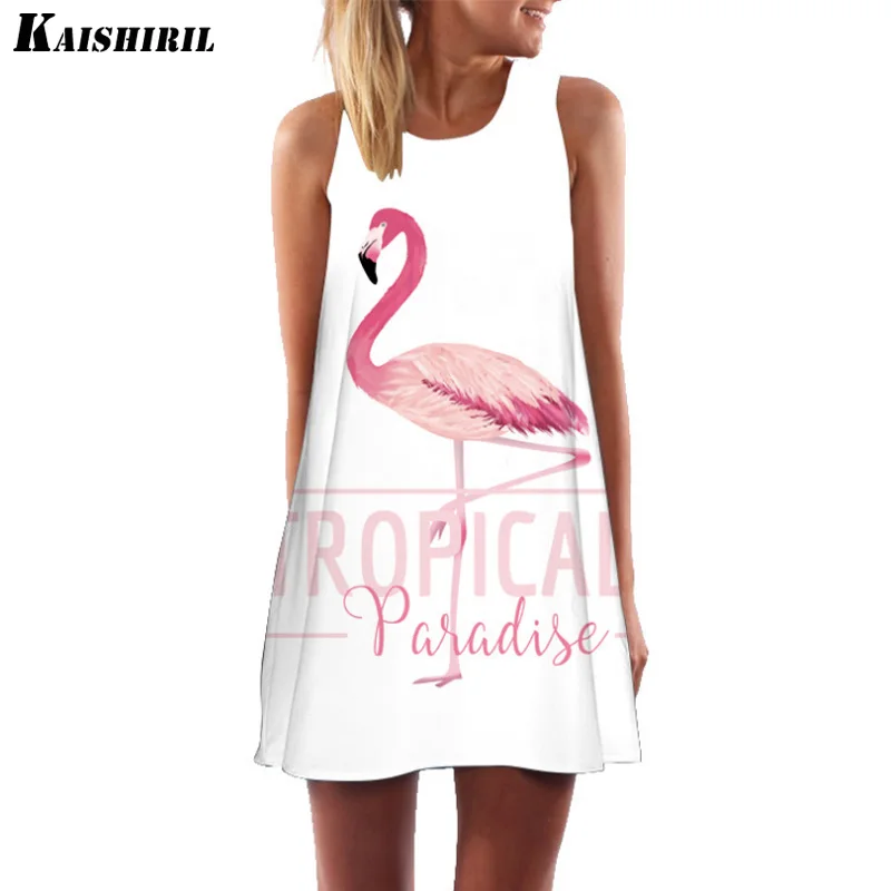 

KAISHIRIL Women's Summer Dress 2018 Women Girl 3D Printed Harajuku Casual Dresses Ladies Pink Flamingos Midi Mini Beach Dress