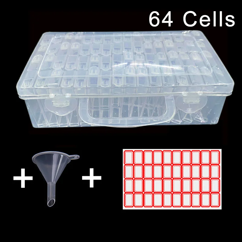 64 ячеек пластиковая коробка для хранения Воронка и наборы наклеек для алмазной живописи аксессуары контейнер для инструментов коробка наборы алмазной живописи - Цвет: Прозрачный