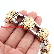 8.85″ 21mm New Design Buddha Heads Silver Gold Biker Motorcycle Chain 316L Stainless Steel Bracelet Boys Mens Jewelry Wholesale