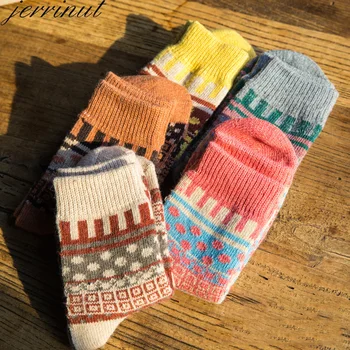 

Jerrinut Women's Autumn Winter Thick Warm Wool Socks Fluffy Cotton Cute Print Happy Harajuku Fashion Casual Checked Socks 5Pairs