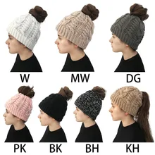 Женская зимняя плетеная вязаная шапка в виде конского хвоста, шапка Beanie, однотонная шляпа, шапка-кроше с толстой нитью, эластичная шапка с ушками