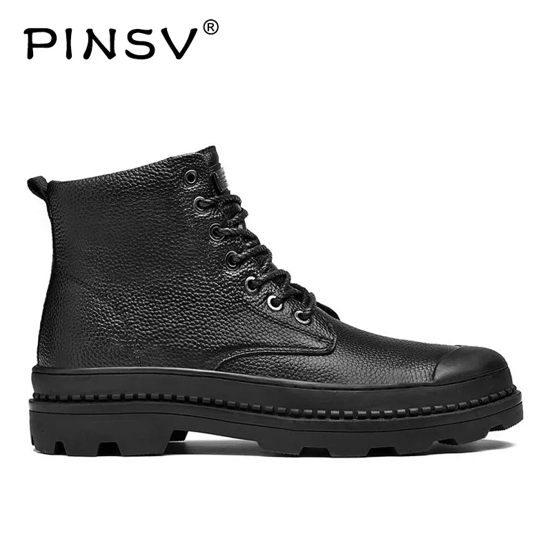 

PINSV Winter Shoes Men Boots Warm Fur Genuine Leather Boots Men Winter Shoes Motorcycle Military Boots For Men Shoes Size 38-46