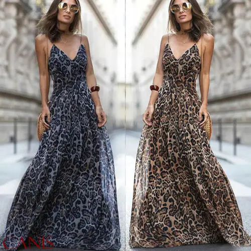 

2019 Newest Fashion Hot Sexy Charming Wholesale Women Leopard Print Chiffon Sleeveless V-Neck Party Vintage Boho Maxi Dress