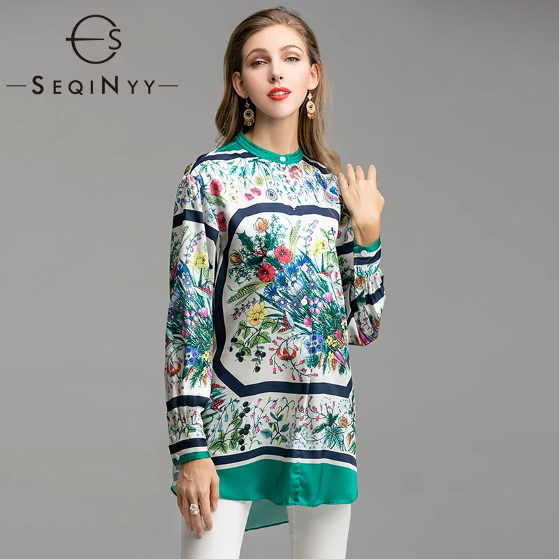

SEQINYY High Quality Shirt 2019 Early Spring Woman's New Full Sleeve Fashion Printed Floral Button O-Neck Luxurious Long Shirt