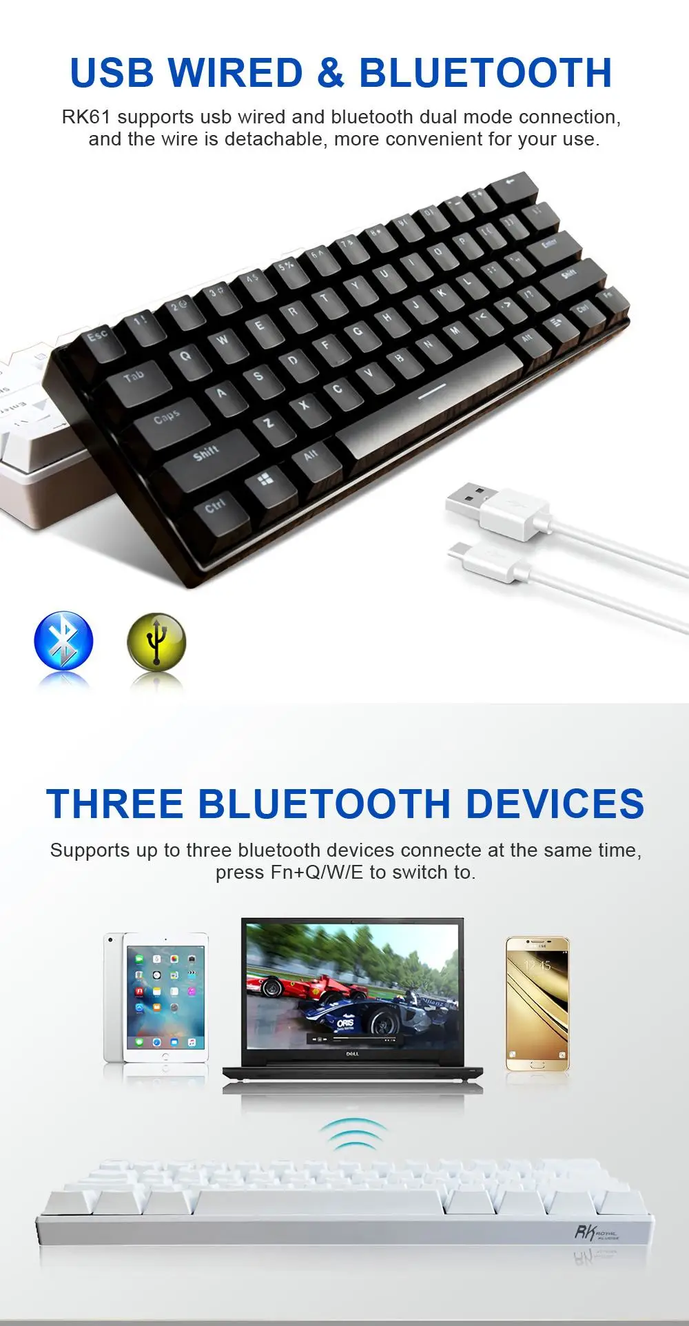 Royal Kludge RK61 эргономичная клавиатура Bluetooth двойной режим 60% RGB светильник Механическая игровая клавиатура для ноутбука планшета