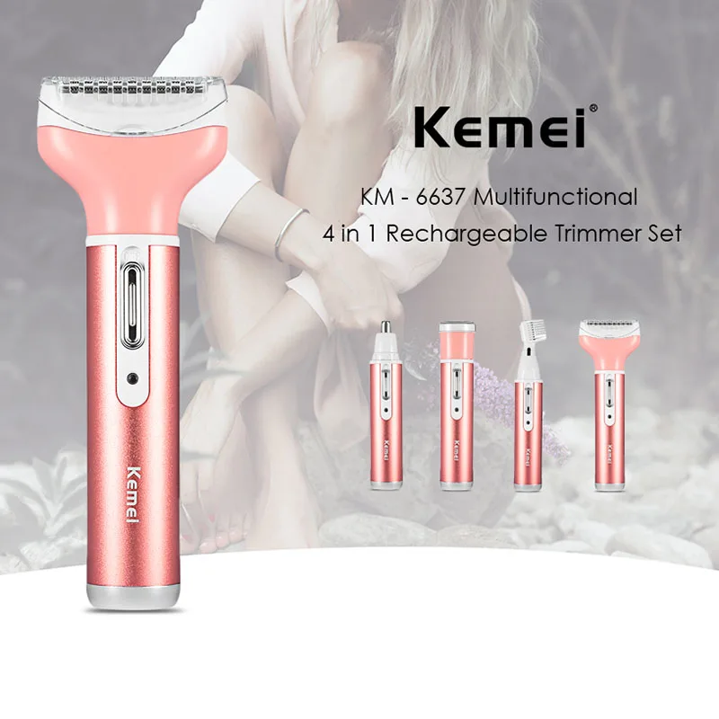 

Kemei 4 in 1 Rechargeable Women Body Shaver Beard Eyebrow Nose Trimmer Set for Lady Sideburns Hair Cut Eyebrow Trimmer KM-6637