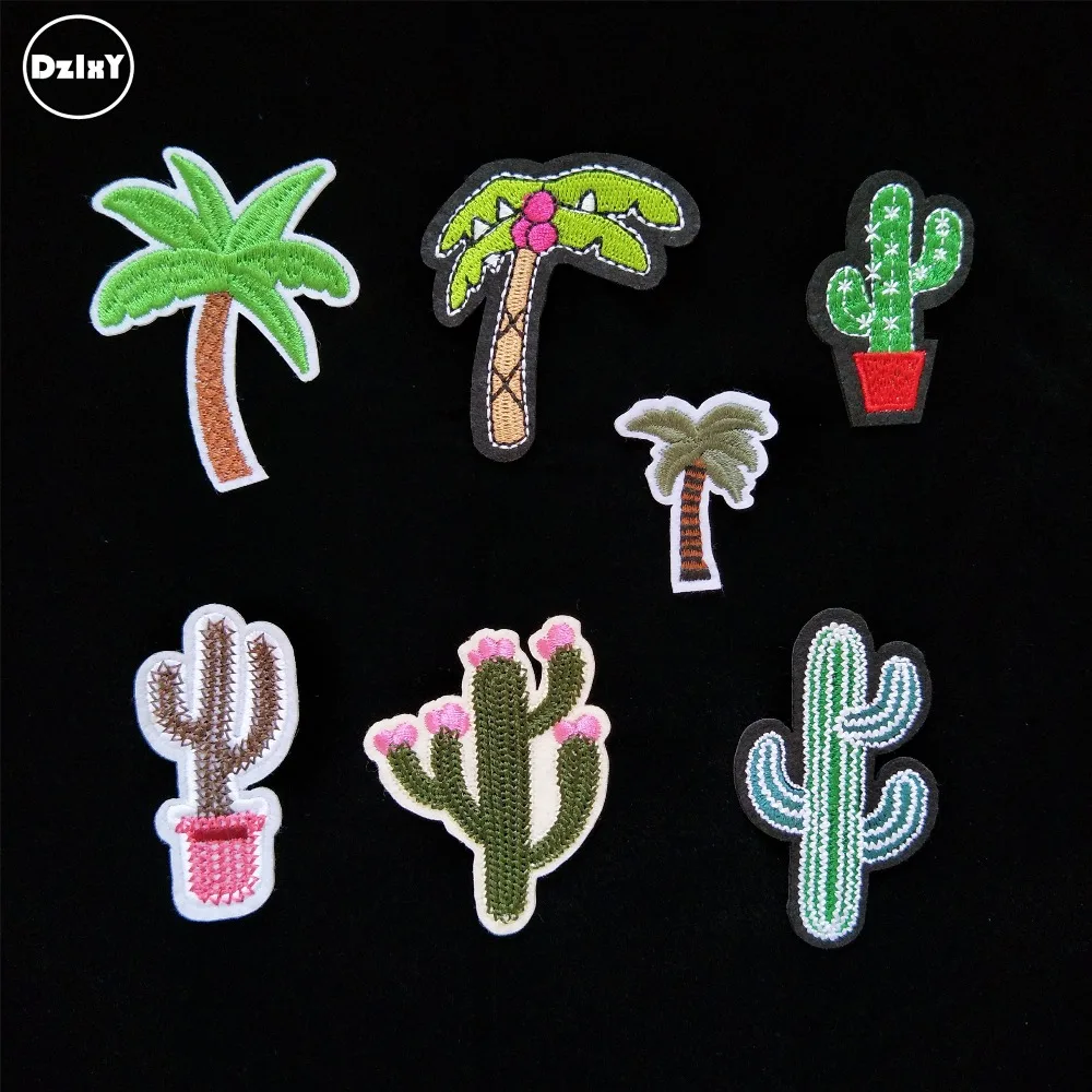 

(DzIxY) 1 PCS Coconut Trees Cactus Plant parches Embroidered Iron on Patches for Clothing DIY Stripes Badges
