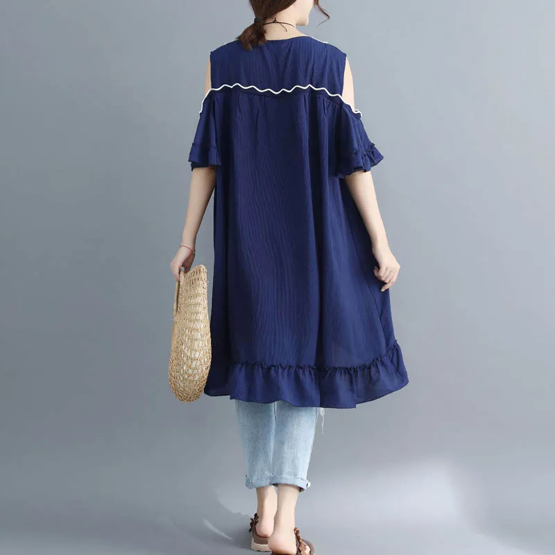 Летнее женское платье, обхват груди 142-148 см, 6XL 7XL 8XL 9XL, Повседневное платье с круглым вырезом размера плюс, женское платье синего цвета