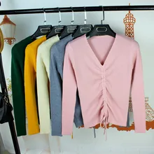 Sexy Ribbed Winter Drawstring Tie Knitted Sweater Cashmere Women Sweaters And Pullovers Autumn Long Sleeve Sweater Jumper D274