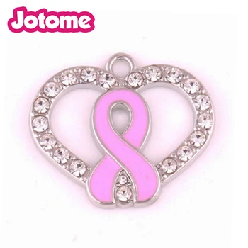 

100pcs/lot rhinestone Heart shape pink enamel breast cancer awareness pendant for nurse accessories