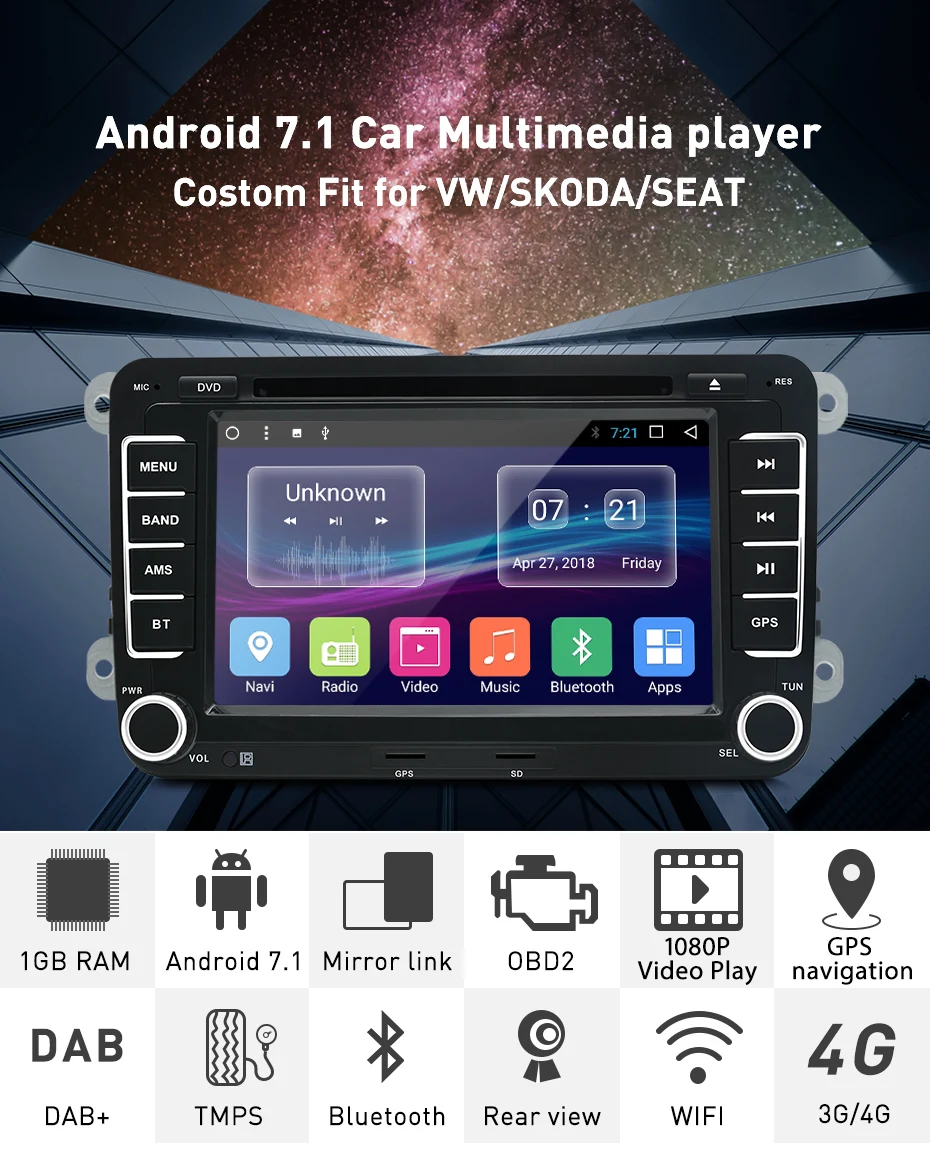 Excellent Junsun 7" 2 din Android Car DVD radio player for VW/Golf/Passat/POLO/Tiguan/Skoda/Fabia/Rapid/Seat/Leon GPS 3G wifi Autoradio 6