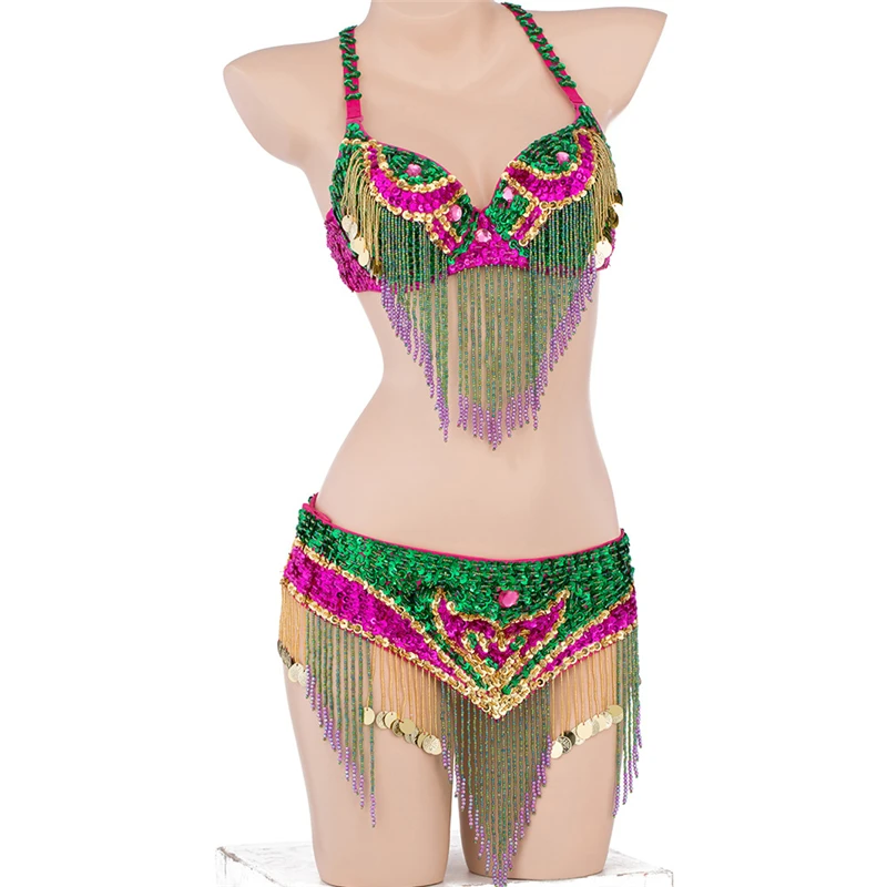 

Bling Sequins Tassel Coins Two Piece Sets Low Cut Backless Crop Tops Sexy Slim Mini Skirt Belly Dance Stage Women Outfits