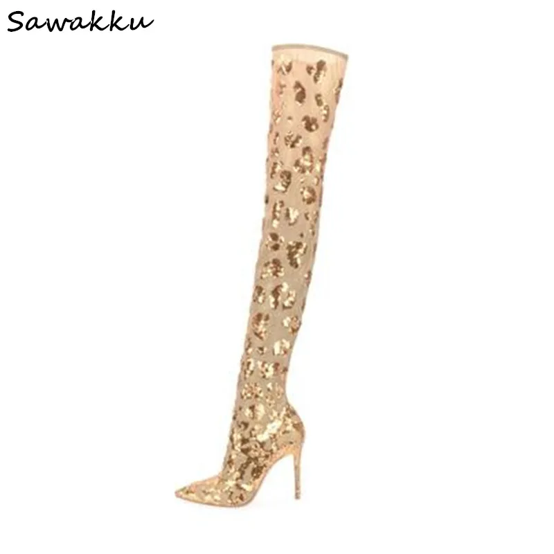 

Gold Stretch Fabric Women Thigh High Boots Pointed Toe Stiletto High Heels Zapatos Bling Bling Sequins Heart Long Sock Boots
