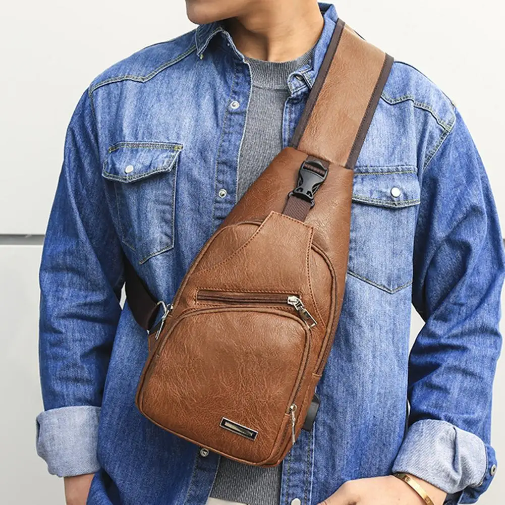 

Outdoor Men Faux Leather Shoulder Crossbody Chest Bag Daypack with USB Port