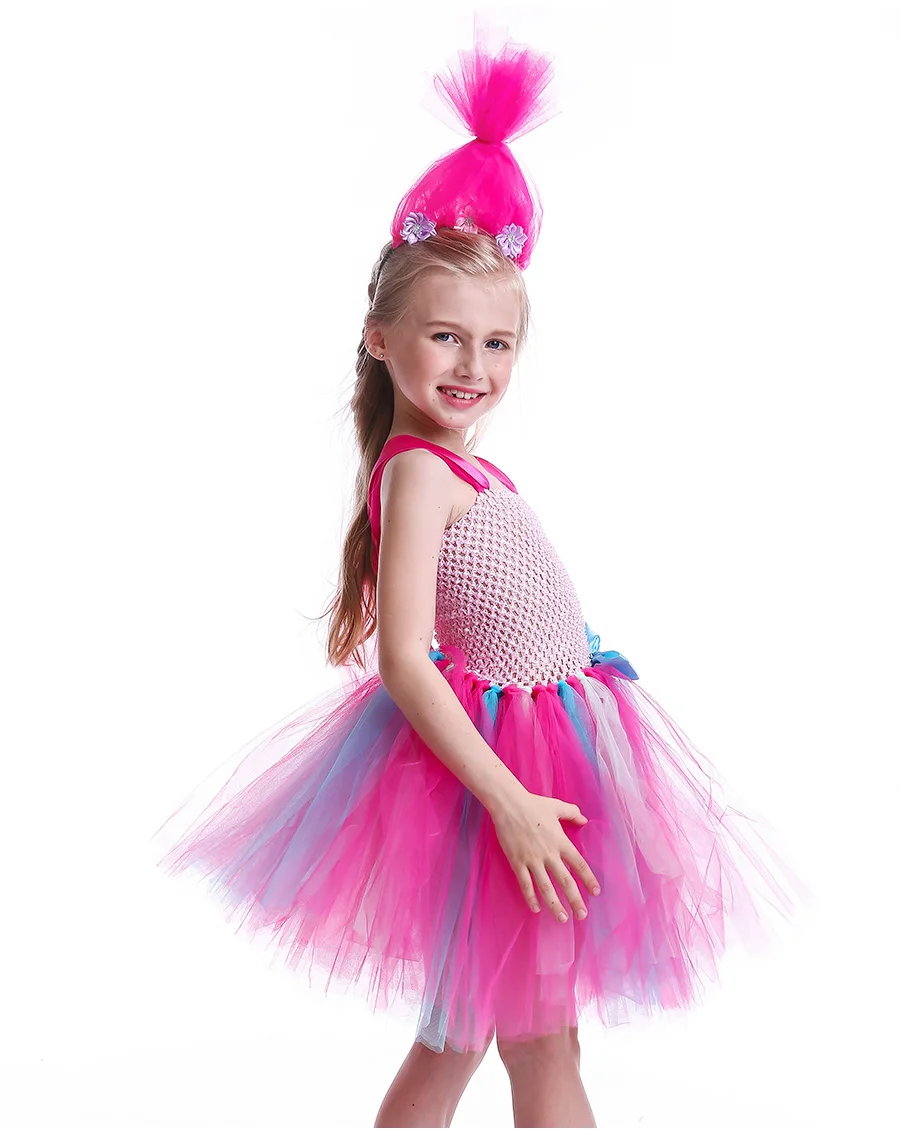 Princess Trolls Poppy Children Tutu Dress with Headband Poppy Birthday Tutu Costume Baby Girl Halloween Cartoon Tulle Dress (8)