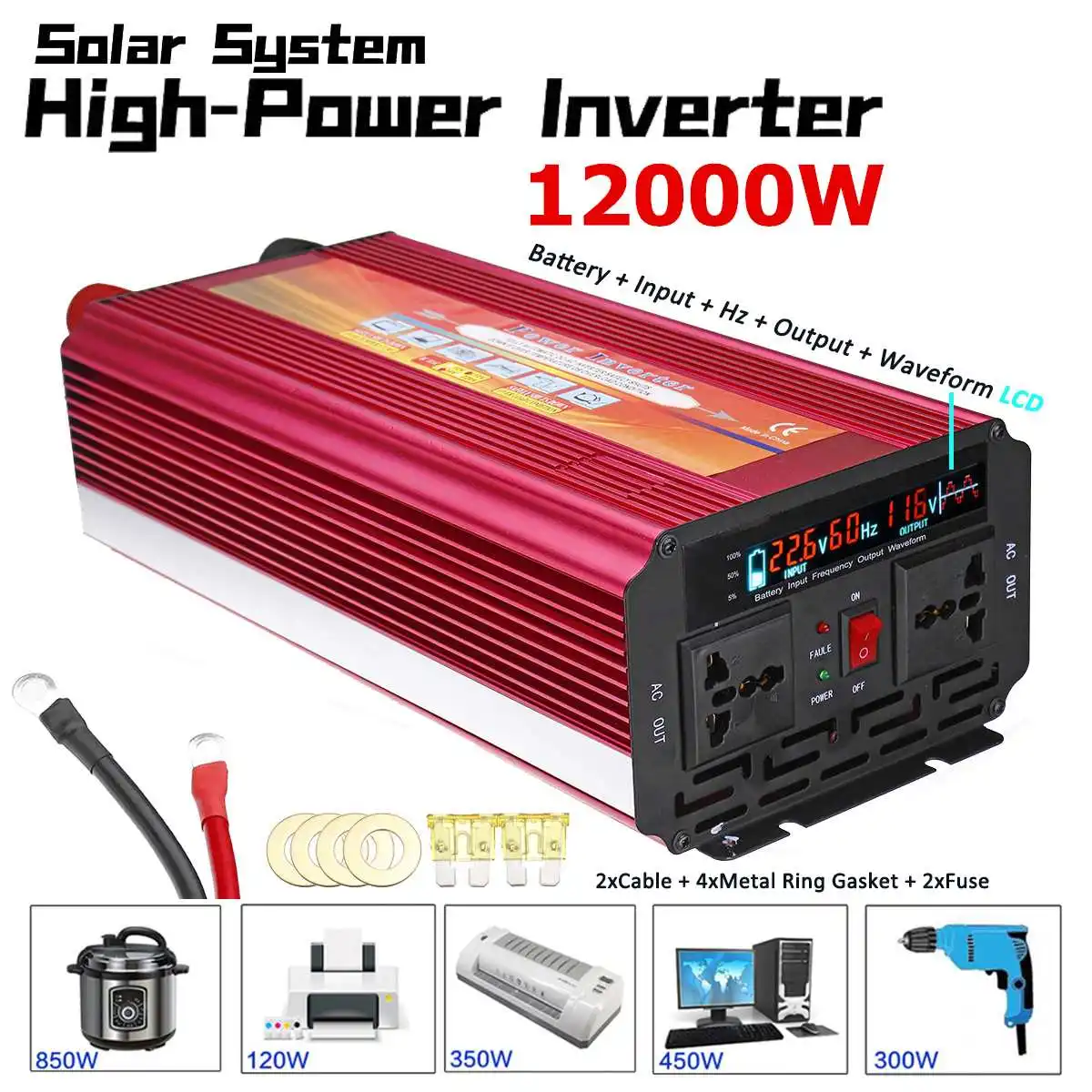 

Solar Inverter 12V 220V 12000W P eak Voltage Transformer Converter DC 12V To AC 220V Car Inverter 12V/24V To 110V/220V LCD