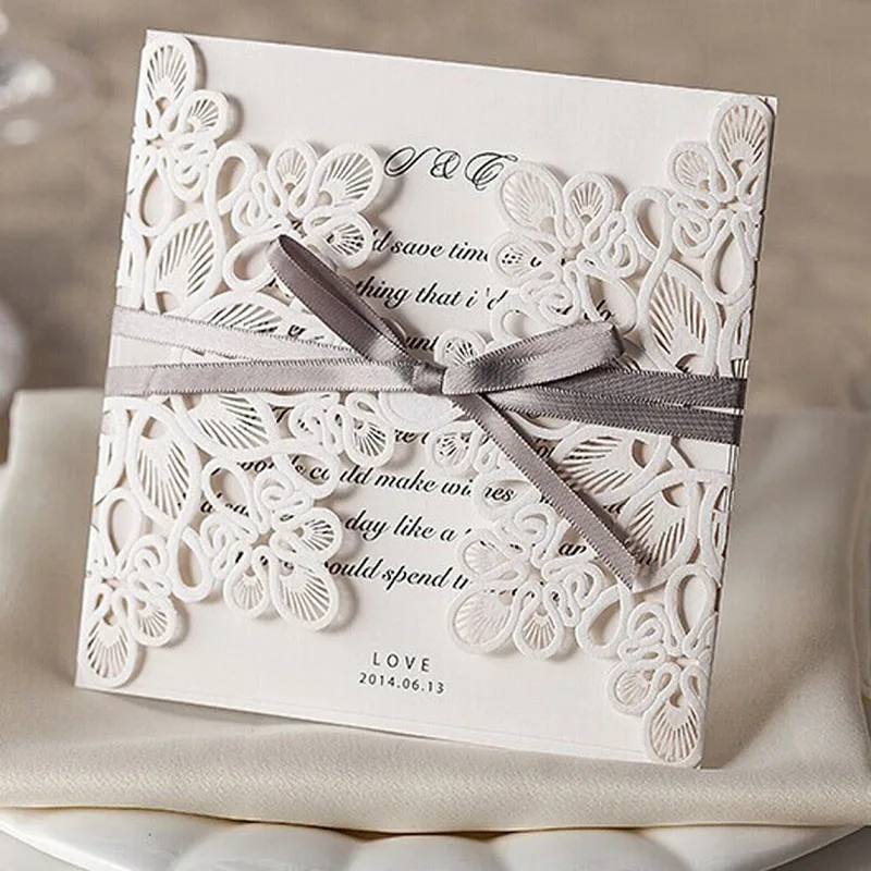 20pcs Fl Design Pure Love Wedding Invitations With Bow In 20pcs Fl Design Pure Love Wedding Invitations With Bow In White Elegant Cards From Home Garden On Aliexpress