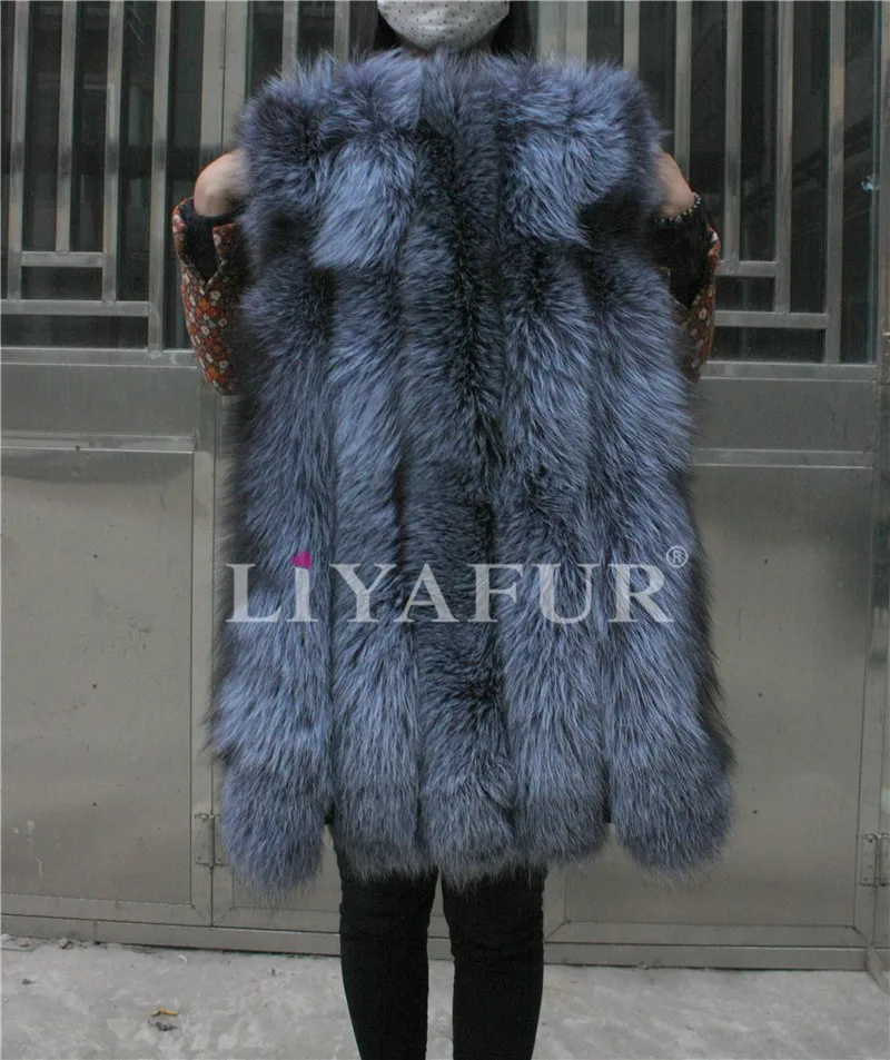 LIYAFUR Women's Real Genuine Full Pelt Silver Fox Fur Long Sleeveless Vest Waistcoat Gilet for Women