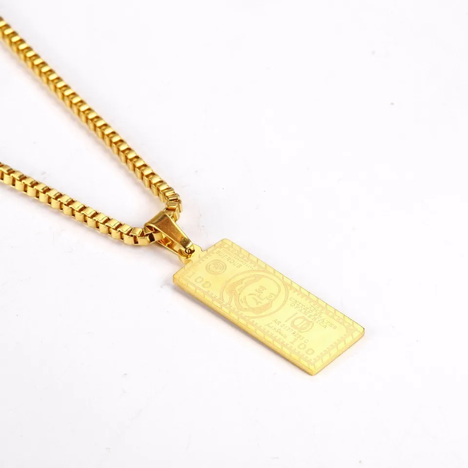 RIR, Золотое прямоугольное ожерелье из нержавеющей стали с подвеской в виде доллара, тонкое мужское ювелирное ожерелье с биркой в виде американского бирки 100 долларов