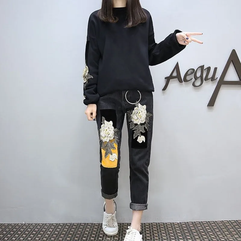 Femme yellow Automne Pull Cheville S Femmes Fleurs black Longueur White 5xl Vêtements Hiver Broderie Costume Grande Occasionnel Taille Set Ensemble Pulls Pantalon wq8x1fBw