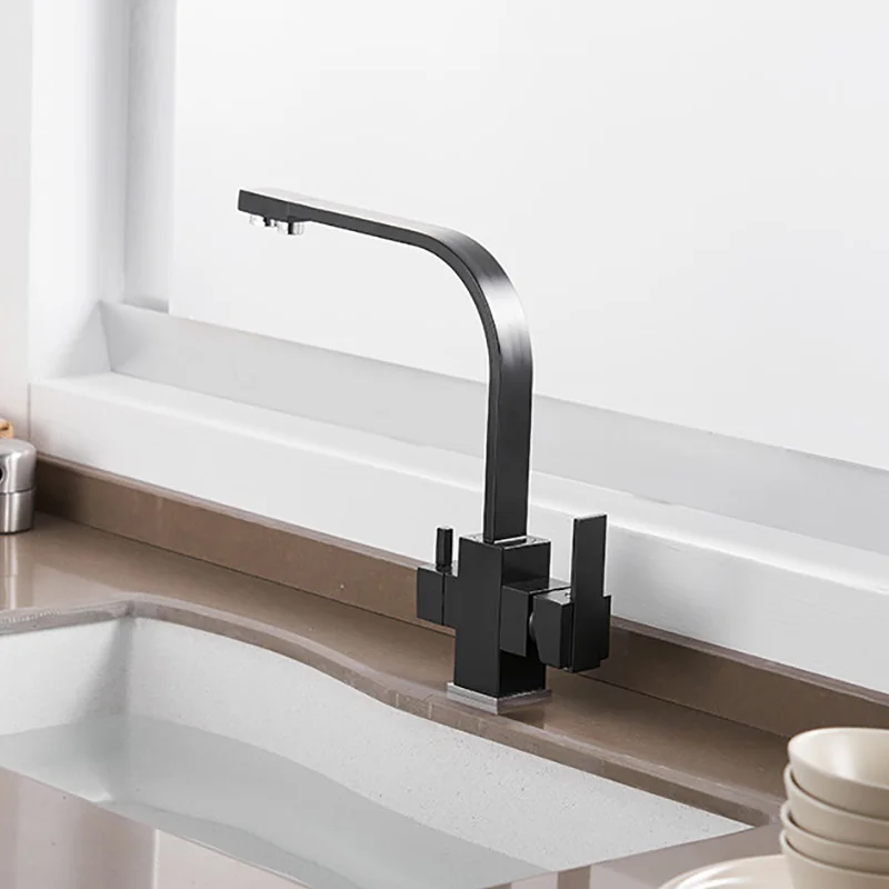 Black Square Kitchen Faucets 360 Degree Rotation 3 Way Water Filter Tap Water Faucets Solid Brass Kitchen Sink Tap Water Mixer